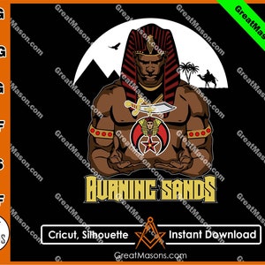 May include: A digital illustration of a muscular figure wearing a red and gold headdress, holding a scimitar and a crescent moon with a star. The figure is standing in front of a white crescent moon and the text "BURNING SANDS".