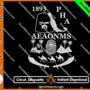 May include: Black and white graphic design featuring a fez with a crescent moon and star, the text "AEAONMS" and the year "1893". The design also includes palm trees, pyramids, and camels. The text "PHA" is at the top of the design.