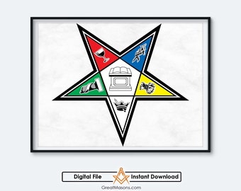 May include: A white five-pointed star with a black outline. The star is divided into five sections, each with a different color and symbol: red with a chalice, blue with a compass, green with a trowel, yellow with a plumb bob, and white with a book and square.