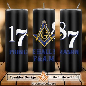 May include: Three black and blue stainless steel tumblers with a white number, a Masonic symbol, and the text "Prince Hall Mason F&A.M."