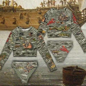 Medieval Sea Creatures Recycled kurzärmeliges, kurz geschnittenes Rashguard Top und Bikini
