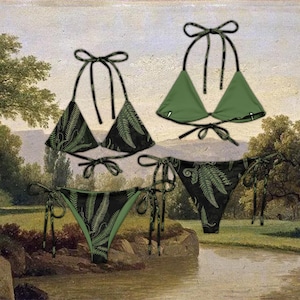 May include: Two-piece bikini set with a fern leaf pattern. The bikini top has triangle cups and tie straps. The bottoms are a classic cut with tie sides. One set features a black background with green fern leaves, and the other is solid green.
