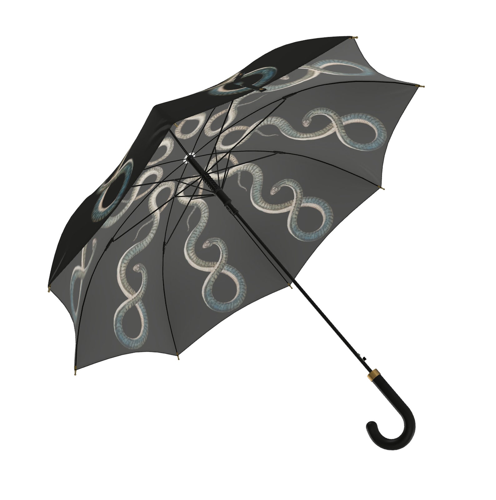 Side view of black parasol with looping silver snakes printed on the canopy and a curved black handle with gold detailing