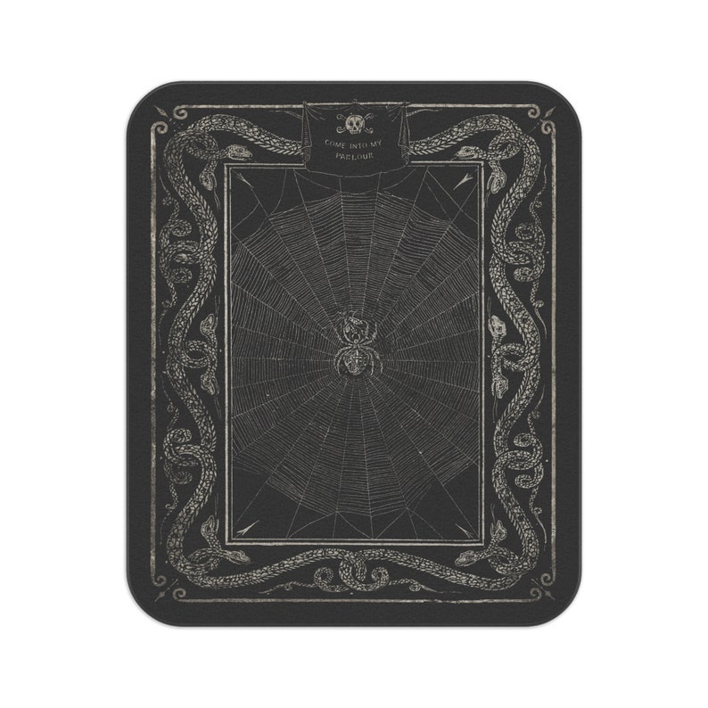May include: A black and white illustration of a spider's web with a spider in the centre. The web is surrounded by a decorative border of snakes. The text "COME INTO MY PARLOUR" is written above the web.