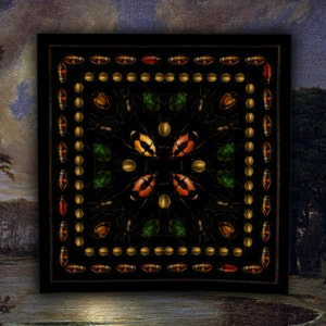 May include: A black square frame with a gold and black patterned design. The pattern features a repeating design of beetles, leaves, and gold beads.