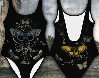 May include: Black swimsuit with a white lining. The front features a vintage illustration of butterflies and moths. The back is plain black.