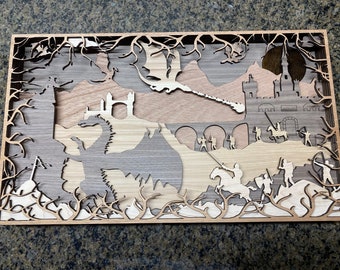 Archivo digital - 7 Layer Dragon and Castle Wall Art para Glowforge - Multi-layer