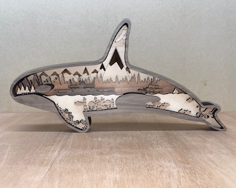 Archivo digital - Pieza de arte de ballena orca de 7 capas - Glowforge - SVG - PDF - Multicapa