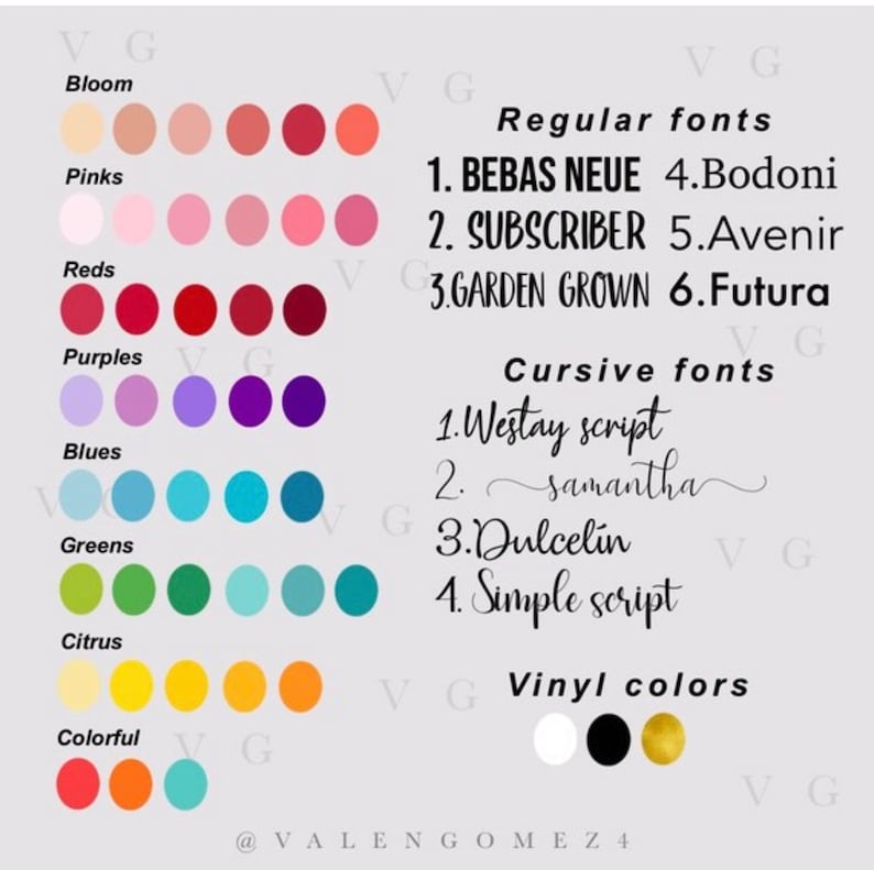 Pu&ograve; includere: Un grafico con campioni di colori di vinile, tra cui rosa, rosso, viola, blu, verde, giallo e arancione. Il grafico elenca anche font regolari e corsivi, tra cui Bebas Neue, Bodoni, Subscriber, Avenir, Garden Grown, Futura, Westay script, Samantha, Dulcelin e Simple script.
