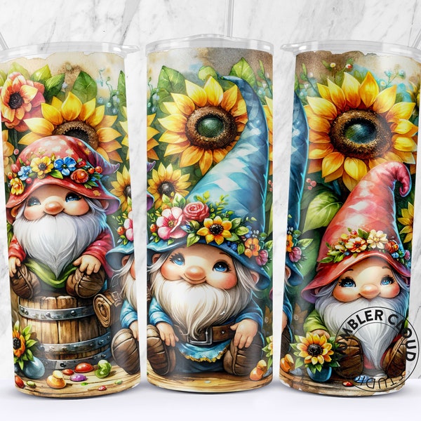 Seamless Sunflower Gnome Tumbler Wrap, Flower Spring Cute Gnomes, Skinny 20oz Sublimation Tumbler Design, Gnomes Sublimation Design Png