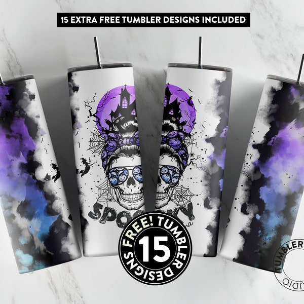 Spooky Mama Halloween tumbler, Messy bun tumbler, Sublimation Tumbler, 20oz Skinny Tumbler Wrap, Spooky Season Png