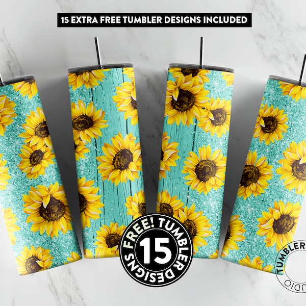 Sunflower Teal Tumbler Wrap, Sunflower Wood Sublimation Design, 20 oz Tumbler Wrap, Sunflower tumbler, Seamless Sublimation, Wood tumbler