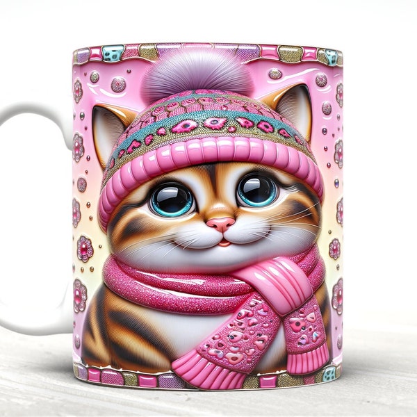 3D Cute Pink Cat Mug Wrap, 3D Cat 11oz and 15oz Cat Lover Mug Template, Mug Wrap PNG, 3D Floral Mug Wrap, Digital Download PNG
