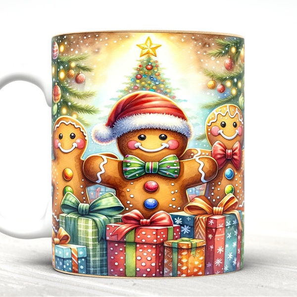Festive Gingerbread Cookie Mug Wrap, Gingerbread 11oz and 15oz Winter Mug Template, Mug Wrap PNG, Christmas Mug Wrap, Digital Download PNG