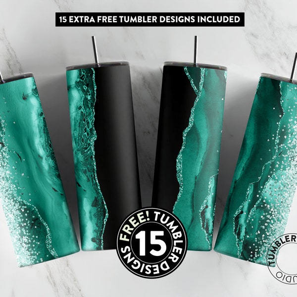 Agate 20 oz Skinny Tumbler Sublimation Design, Emerald teal Tumbler Wrap, Add custom text, Seamless Tumbler Design Sublimation