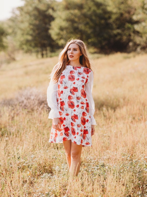 Poppies Floral Print Linen Dress With Transparent Long Puff | Etsy