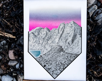 Scotland Landscape Munro Bagging Art Print An Teallach Gift For Hiker Geometric Risograph Print Reclaimed Whisky Frame Mountain Illustration