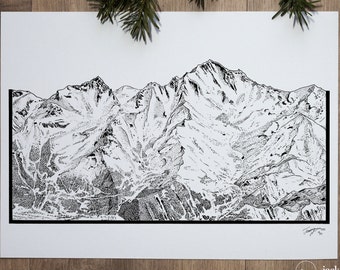 Skiing Snowboarding Piste Map Artwork Gift For Skier Snowboarder French Alps Art Print Les 3 Vallees  Risograph Print Mountain Illustration