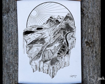 Scotland Landscape Art Print Adventure Gift Hiker The Quiraing Skye Geometric Risograph Print Reclaimed Whisky Frame Mountain Illustration