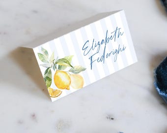 Modello per segnaposto per addio al nubilato al limone (download digitale istantaneo, stampa fai da te su richiesta), etichette con nome per segnaposto a righe mediterranee italiane