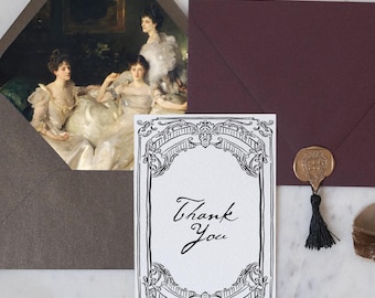 Modello di biglietti di ringraziamento per matrimonio in stile rococò (download digitale istantaneo, stampa fai da te su richiesta), eleganti note barocche francesi europee
