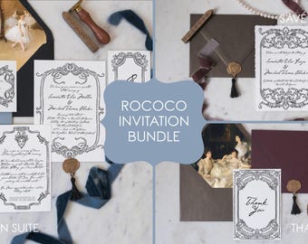 Pacchetto di modelli di inviti di nozze in stile rococò (download digitale istantaneo, stampa fai da te su richiesta), elegante barocco francese, grazie per aver salvato la data