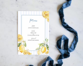 Modello di menu per addio al nubilato al limone (download digitale istantaneo, stampa fai da te su richiesta), strisce blu mediterranee italiane