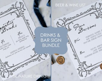 Modelli di insegne per bar per matrimoni in stile rococò (download digitale istantaneo, stampa fai da te su richiesta), drink esclusivi in stile barocco francese ed europeo