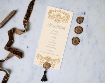 Elegante modello di menu per la cena di nozze (download digitale istantaneo, stampa fai da te su richiesta), apparecchiatura in stile barocco rococò francese europeo