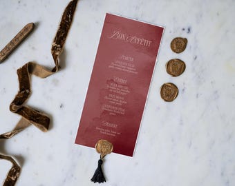 Modello di menu per la cena di nozze in Borgogna (download digitale istantaneo, stampa fai da te su richiesta), eleganti tovagliette in acquerello