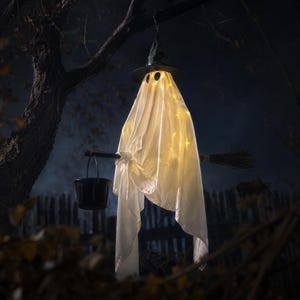 Halloween Ghost Decor Witch Hat & Broom Lighted LED String Lights Indoor Outdoor Halloween Party Yard Tree Porch Spooky Decorations