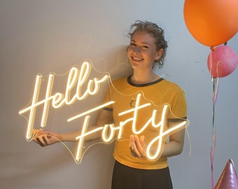 Hello Forty Neon Sign Aesthetic Custom Neon Sign 40th Birthday Gift Neon Sign Art Led Neon Sign Bar Neon Sign Neon Name Sign happy birthday