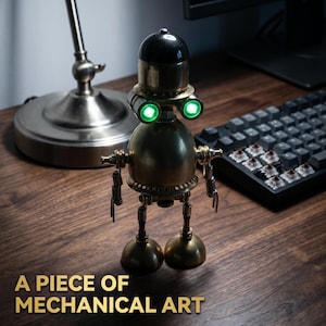 Puede incluir: Una pequeña figura de robot construida con componentes metálicos con un acabado en tono latón. El robot presenta una cabeza redondeada, un torso esférico y dos ojos circulares de color verde brillante. El texto A PIECE OF MECHANICAL ART es visible.