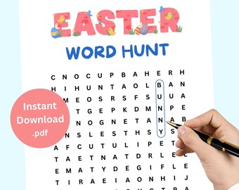 May include: A printable Easter word search puzzle with the words bunny, hunt, chocolate, and basket. The puzzle is designed for kids and features a colorful Easter theme.