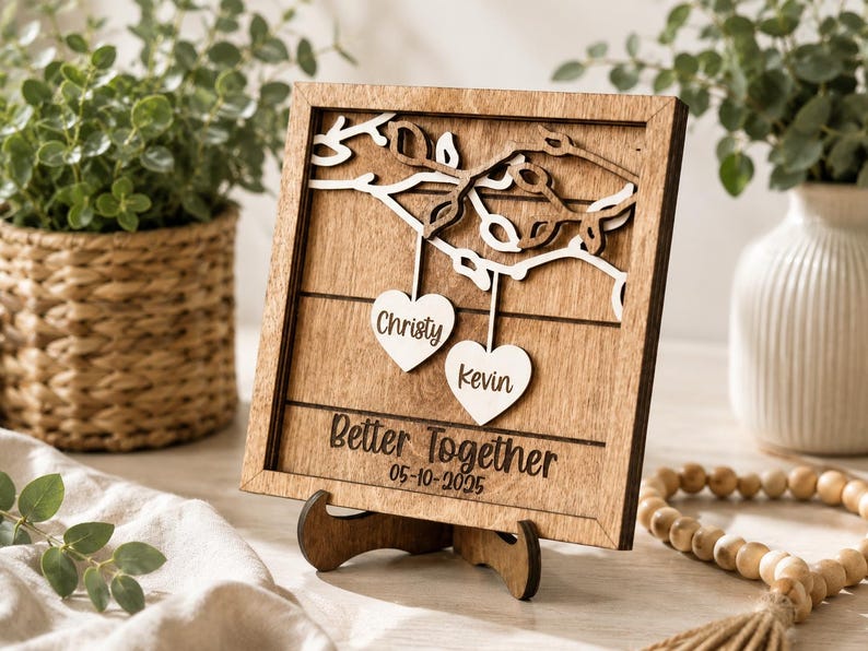 K&ouml;nnte beinhalten: Ein quadratisches Holzschild mit einem mehrschichtigen Design, das oben die Silhouette eines Baumastes zeigt. Zwei wei&szlig;e, herzf&ouml;rmige Ausschnitte h&auml;ngen am Ast und sind mit den Namen Christy und Kevin graviert. Darunter sind Better Together und 05-10-2025 eingraviert.