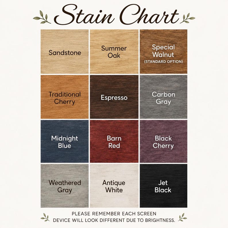 K&ouml;nnte beinhalten: Eine Holzbeizen-Farbkarte mit zw&ouml;lf quadratischen Farbmustern, beschriftet mit Sandstone, Summer Oak, Special Walnut, Traditional Cherry, Espresso, Carbon Gray, Midnight Blue, Barn Red, Black Cherry, Weathered Gray, Antique White und Jet Black.