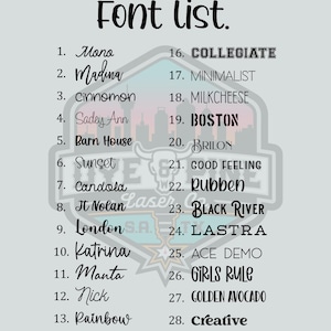 K&ouml;nnte beinhalten: Eine hellgraue Informationstafel mit dem Titel Dye and Pine Font list, die eine nummerierte Liste von drei&szlig;ig verschiedenen schwarzen Schriftarten von Schreibschrift bis Blockschrift zeigt, &uuml;berlagert mit einem blassen Stierkopf-Logo.