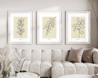 Botanical Line Art | Boho Wall Decor | Set of 3 | Home Decor | Digital Download | Minimalist | Beige Neutral | Gallery Art | Art Print