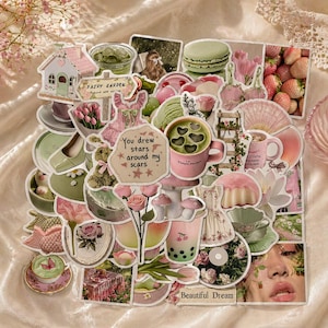 Peut inclure: Un ensemble d'autocollants esthétiques dans des tons de rose, vert et crème. Les autocollants présentent divers motifs, dont une maison de fées, une tasse à thé, une robe et le texte "You drew stars around my scars".