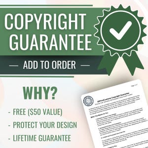 Op de afbeelding: Een groene en witte afbeelding met de tekst "Copyright Guarantee" en "Add to Order". De afbeelding bevat ook een groene vink in een cirkel. De tekst "Waarom?" staat met drie opsommingstekens: "Gratis ($ 50 waarde)", "Bescherm uw ontwerp" en "Levenslange garantie".