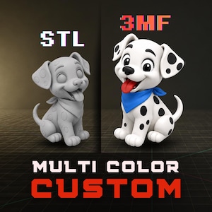 May include: A split-screen graphic showing a gray monochromatic 3D model of a puppy labeled STL on the left and a full-color white puppy with black spots and a blue bandana labeled 3MF on the right, with the text MULTI COLOR CUSTOM at the bottom.