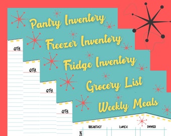 Grocery List, Pantry Inventory List, Freezer Inventory List, Fridge Inventory List, Weekly Menu Planner, Five Page Bundle, Retro