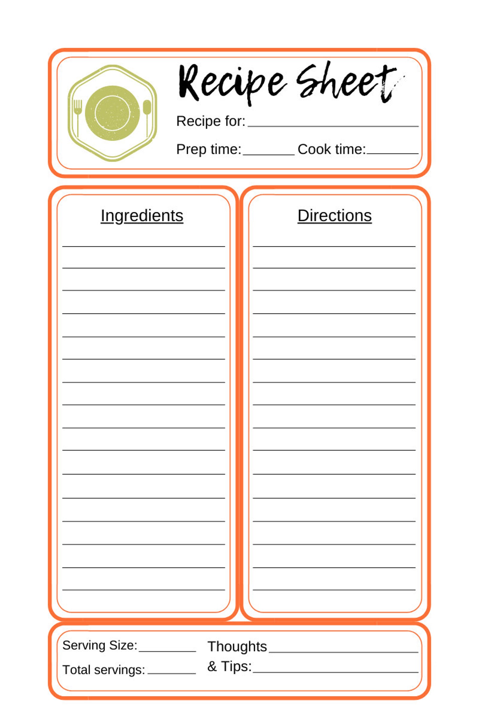 Cute Recipe Sheet Writable and Printable Etsy
