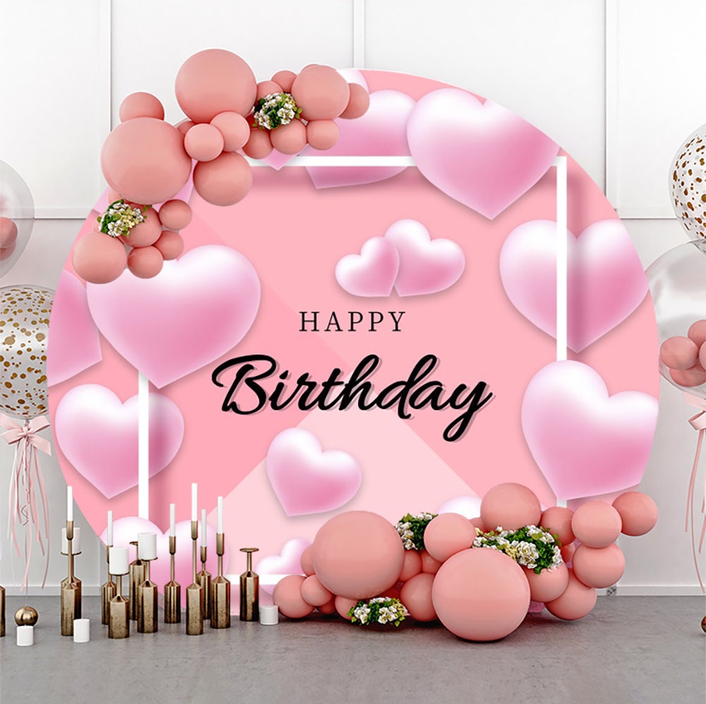 Happy Birthday Backdrop Pink Heart Shape Balloon Background Etsy