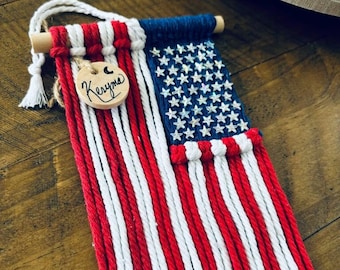 Handmade Macrame American Flag: Patriotic Car Decor (4” X 6”)