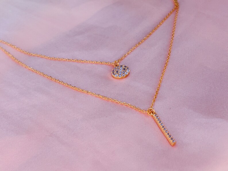 18 Karat Gold Dipped Double Chain Small Pendant Necklace
