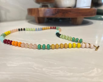 Rainbow Beaded Necklace Anthro inspired, rainbow stone necklace, multicolor necklace, gold toggle, toggle necklace