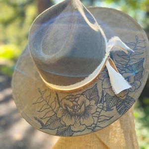 Handburned Boho Rancher Hat, Custom Hat, Burned Hat, Wide Brim Hat, Fedora, Suede Hat, Vegan