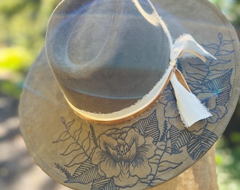 Sombrero de ranchero Boho quemado a mano, sombrero personalizado, sombrero quemado, sombrero de ala ancha, Fedora, sombrero de ante, vegano