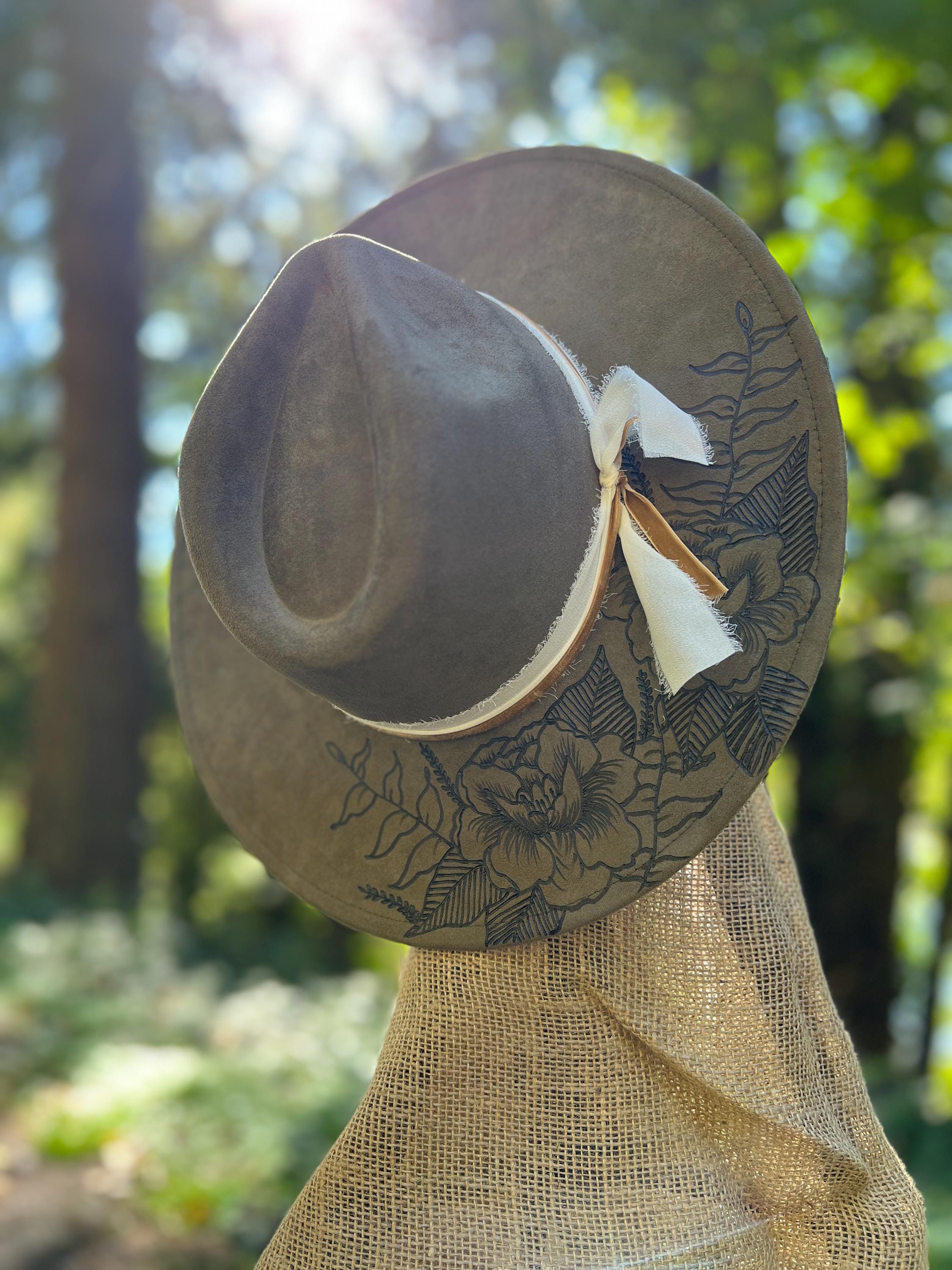 Handburned Boho Rancher Hat, Custom Hat, Burned Hat, Wide  display picture 3